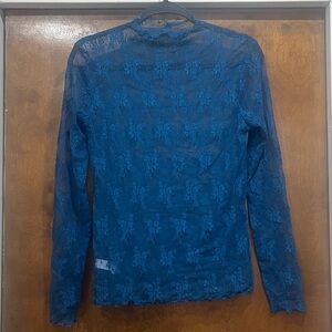 Zenana Blue Lace See Through Turtleneck Top